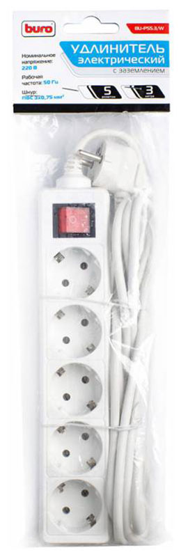 Изображение товара Сетевой удлинитель Buro BU-PS5.3/W 3м 5 розеток белый пакет ПЭ