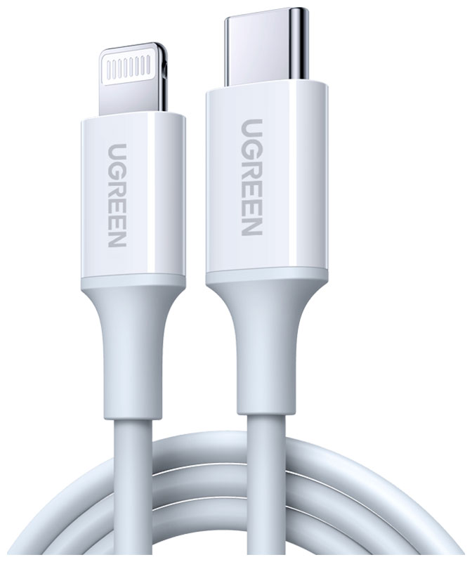 фото Кабель ugreen usb c - lightning mfi, pd 3a, 480 мбит, резиновое покрытие, 0.5 м (60747) белый