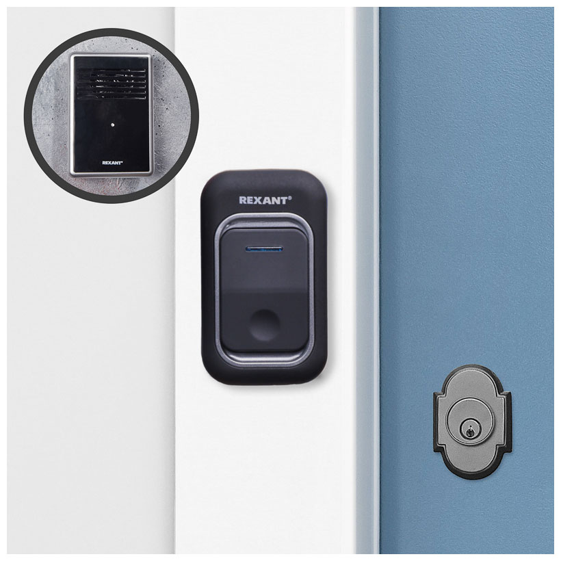 Изображение товара Беспроводной дверной звонок c цифровым кодированием Rexant 25 мелодий, 150 м, кнопка, IP4,4 черный (RX-30)