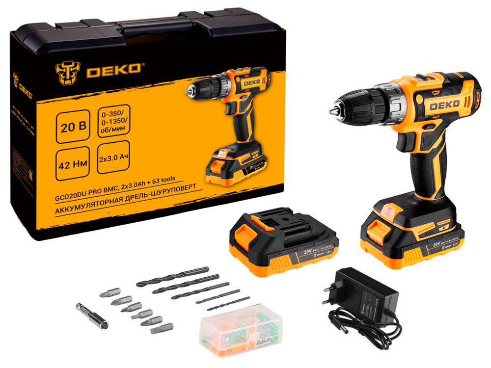 

Дрель-шуруповерт аккумуляторный Deko в кейсе + 63 инструмента для дома, 20 В 2х3.0 Ач, черно-желтый, (GCD20DU PRO)