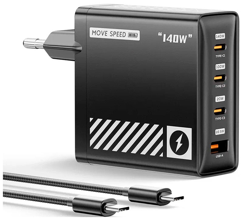 Изображение товара Сетевое зарядное устройство Movespeed 3xType-C + 1xUSB-A, 140W, PD2.0, QC3.0 (ac140-black) EU