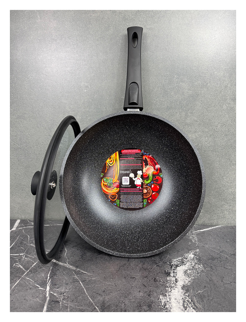 Изображение товара Сковорода-ВОК с крышкой и съемной ручкой Panairo Harfe Black 28 см (HA-WOK-28-Srus-K.sil)