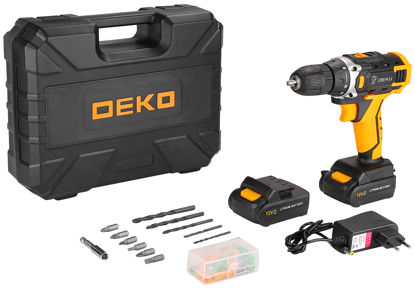 Аккумуляторная дрель  Deko 12В набор 63 инструмента DKCD12FU-Li 2.0Ah Advanced (2*12V 2,0Ah Li-Ion черно-желтый