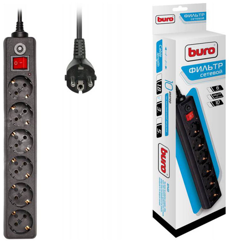 Сетевой фильтр Buro 600SH-3-B 3м 6 розеток черный коробка цена и фото