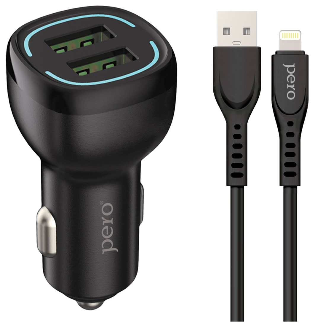 цена Автомобильное зарядное устройство Pero AC04 2 USB, 2.4 A AUTOMAX, c кабелем Lightning в комплекте, черное