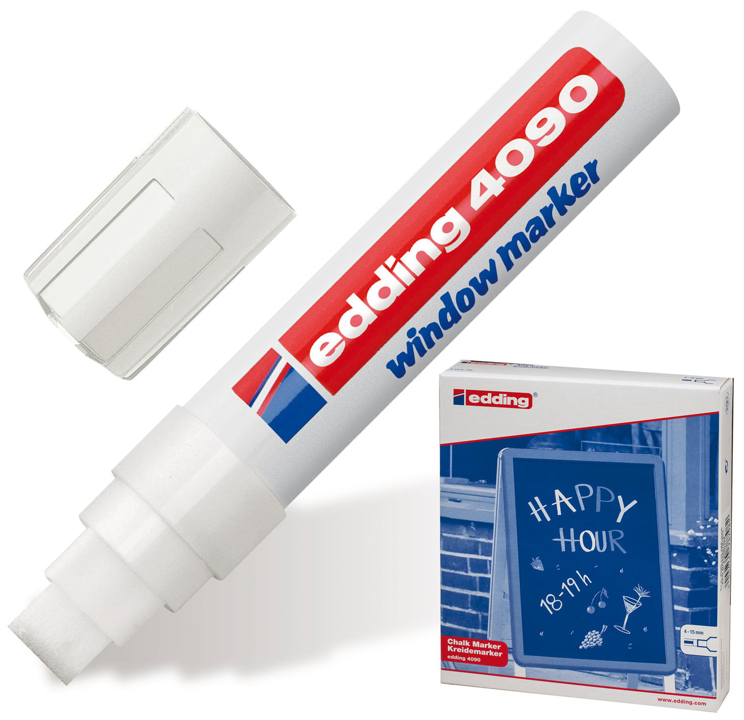 Изображение товара Меловой маркер Edding 4090, белый, vaskустойчивая основа, 4-15 мм