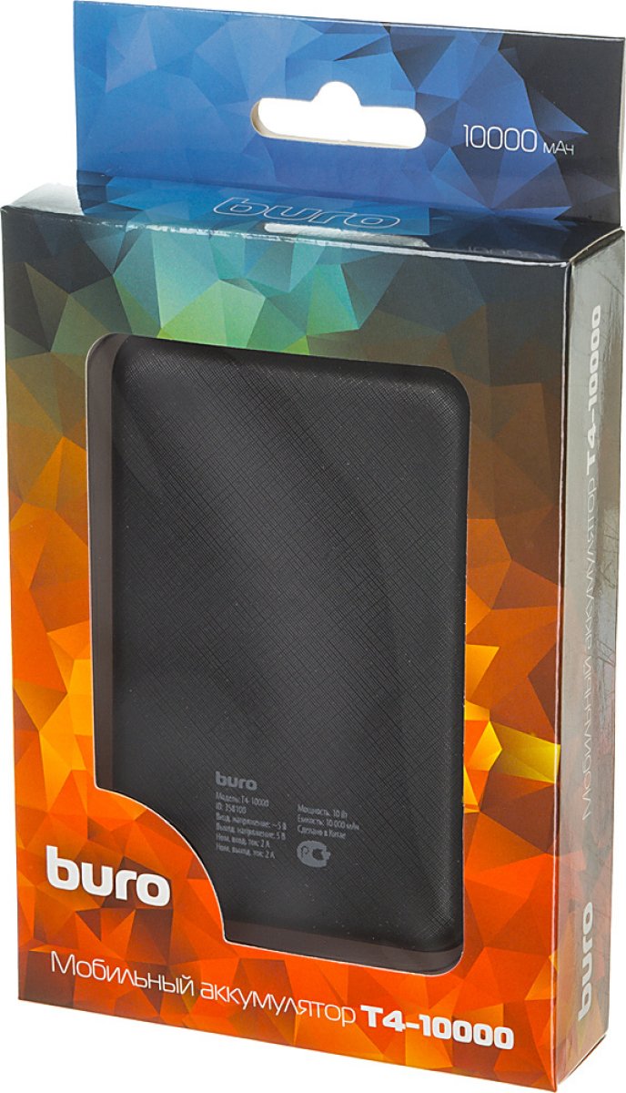 Изображение товара Мобильный аккумулятор Buro T4-10000 10000mAh 2A черный (T4-10000-BK)