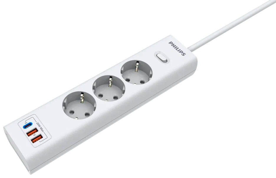 Изображение товара Сетевой фильтр Philips 3 розетки с USB (PD/QC3.0 5/9/12В), 20 Вт, кабель - 2 м, белый