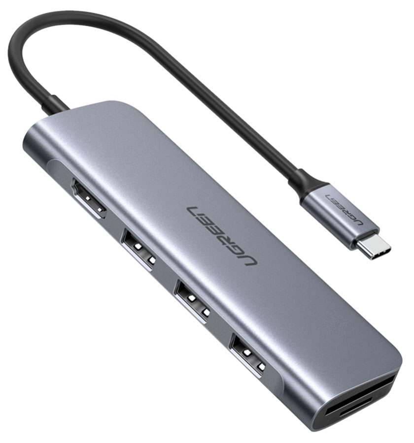 Изображение товара USB-хаб Ugreen CM195 USB-C to 3 Ports USB 3.0-A Hub + HDMI + TF/SD, серый космос (70410)