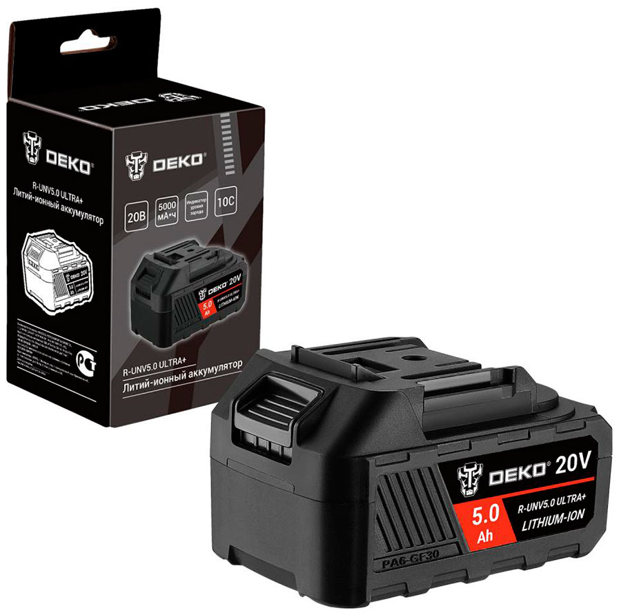 

Аккумулятор Deko R-UNV5.0 ULTRA+, Li-ion, 20 В, 5.0А*ч, с повышенной токоотдачей, черный