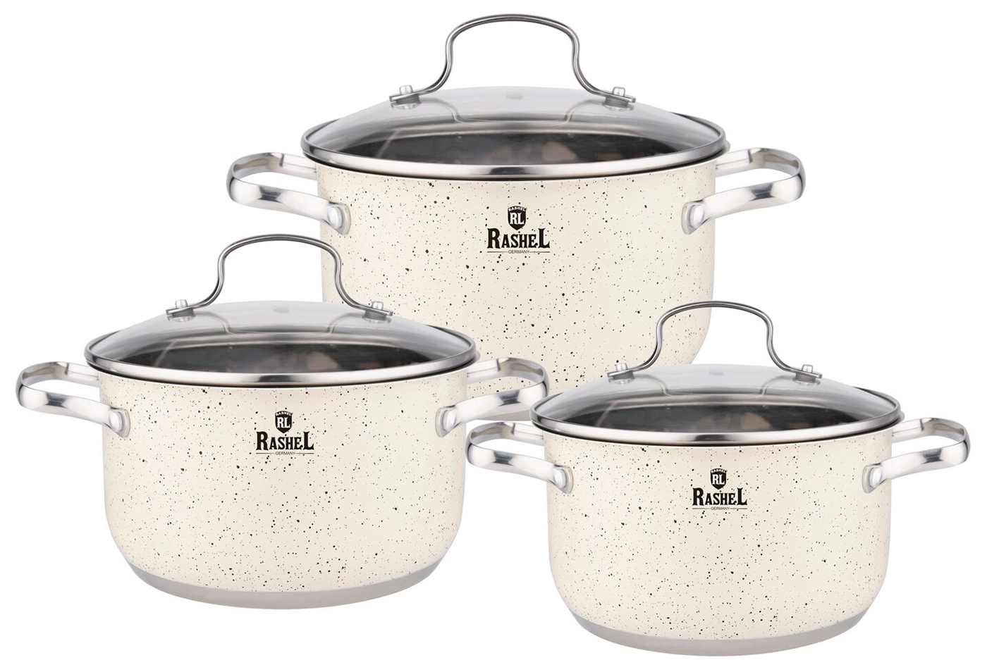 Изображение товара Набор кастрюль Rashel Стефани, R-10203в, 6 предметов, из нержавеющей стали, со стеклянными крышками (1.9 л, 2.6 л, 3.6 л), кремовый гранит