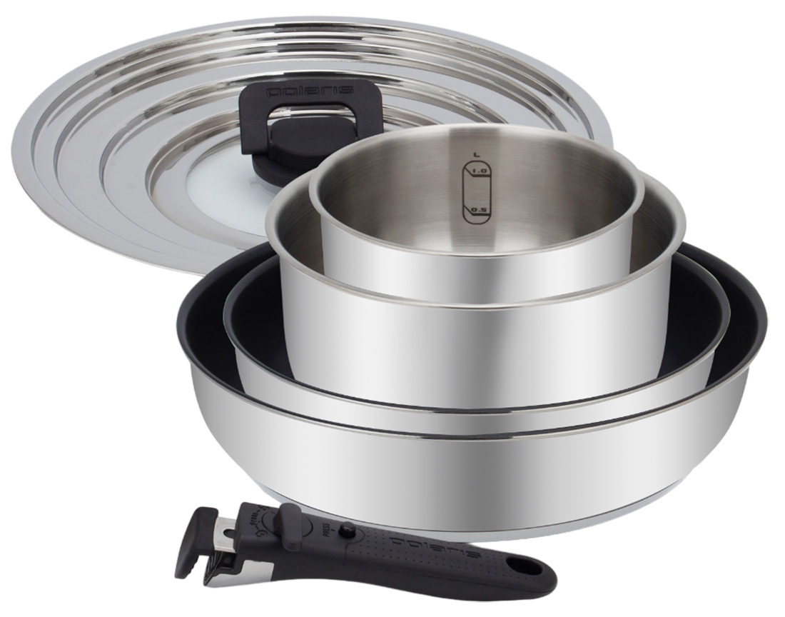 Изображение товара Набор посуды Polaris EasyKeep-6DSS из 6 предметов с съемными ручками и антипригарным покрытием