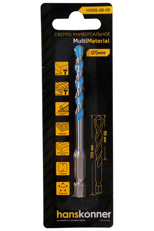

Сверло универсальное Hanskonner 5 мм, твердосплавная напайка, шестигранный хвостовик (H1055-08-05)