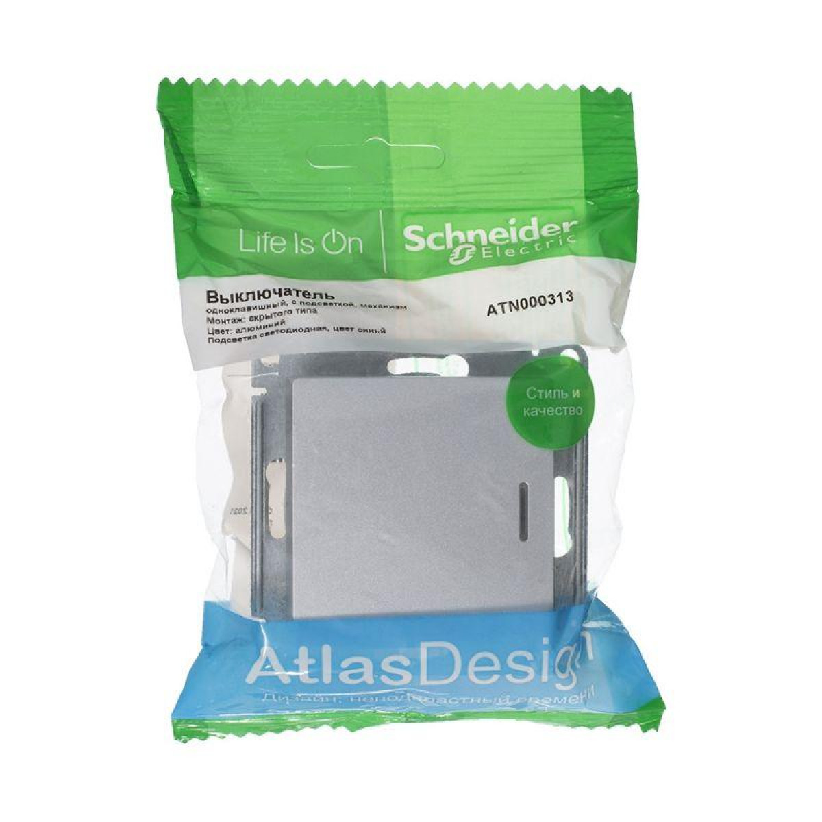 Изображение товара Выключатель 1-кл. СП AtlasDesign 10А IP20 с подсветкой механизм алюминий