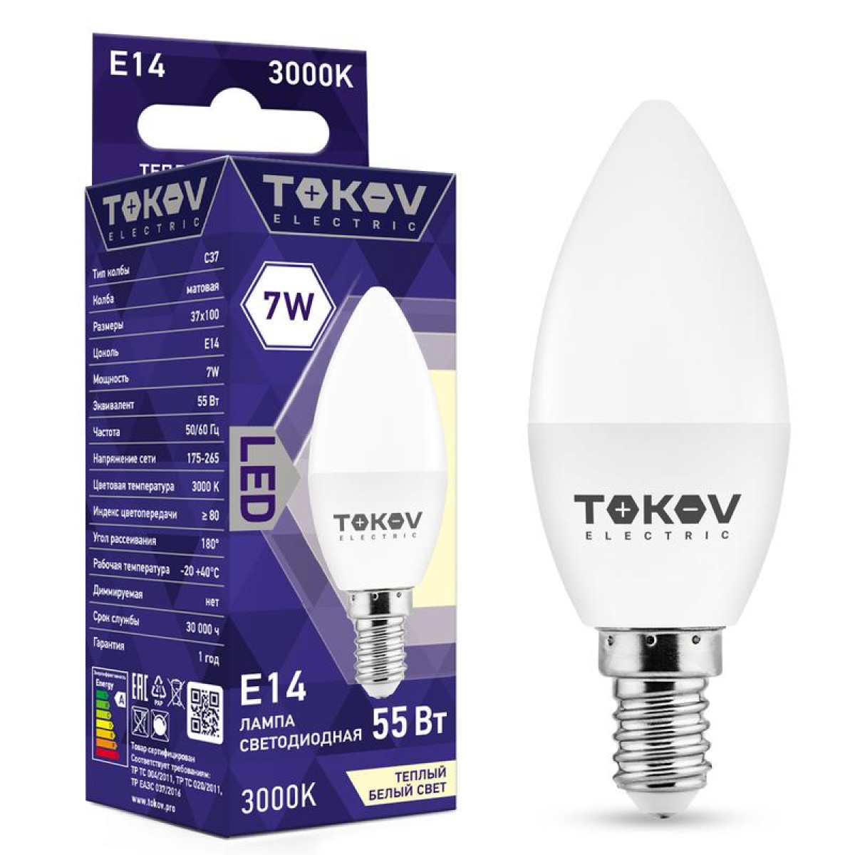 Изображение товара Светодиодная лампа Tokov Electric 7 Вт С37 Е14 3000K IP20 белая
