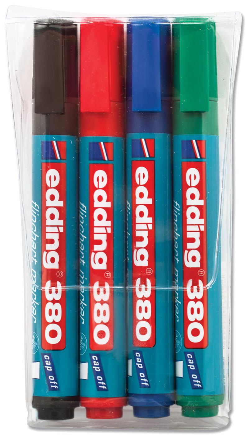 

Маркеры для флипчарта Edding 4 шт., непропитывающие, ассорти, круглый наконечник, 1,5-3 мм (E-380/4S), Разноцветный