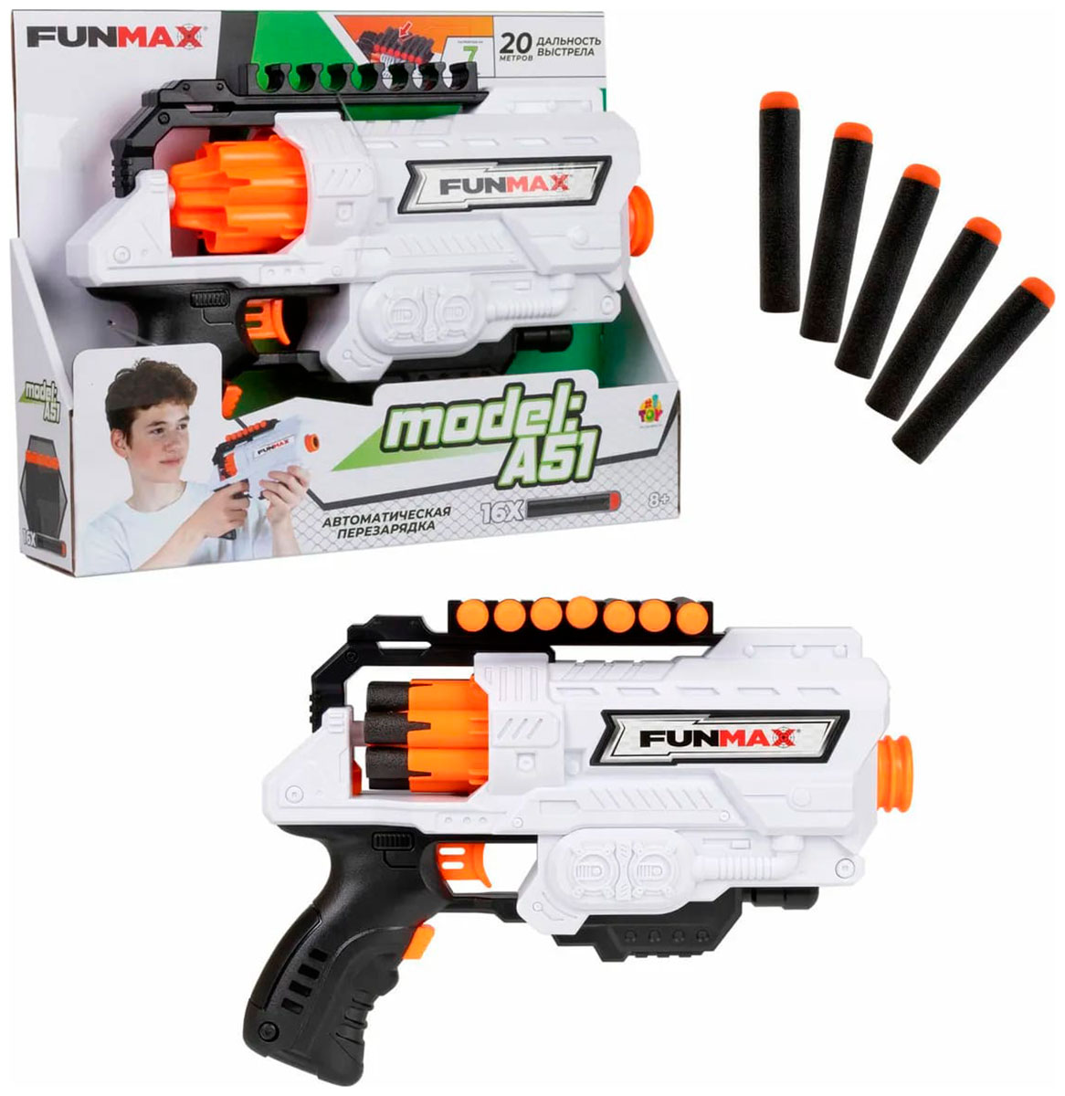 Изображение товара Электрический бластер Toy FunMax 6 выстрелов и 16 снарядов Изображение товара Электрический бластер Toy FunMax 6 выстрелов и 16 снарядов