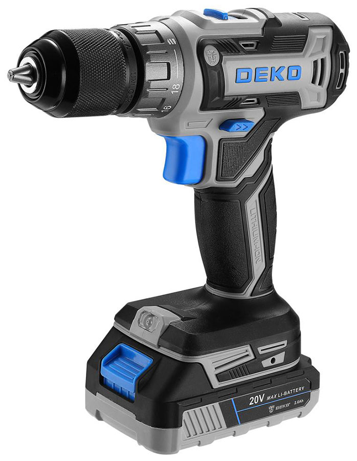 Дрель-шуруповерт аккумуляторный Deko DKCD20V PRO, в кейсе + набор 63 инструмента, 20 В, 2x2.0 Ач, черно-синий