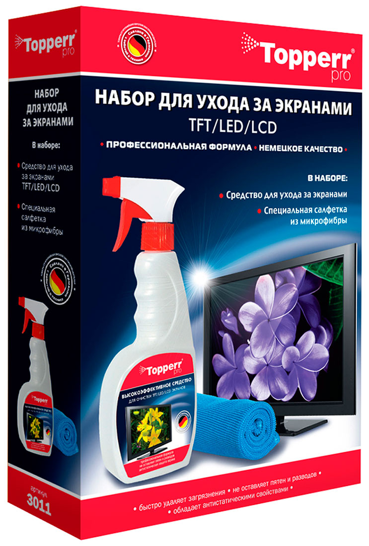 Набор для ухода Topperr за экранами ЖК, LCD и плазмы 2 предмета, средство + салфетка (R) (3011) Набор для ухода Topperr за экранами ЖК, LCD и плазмы 2 предмета, средство + салфетка (R) (3011)