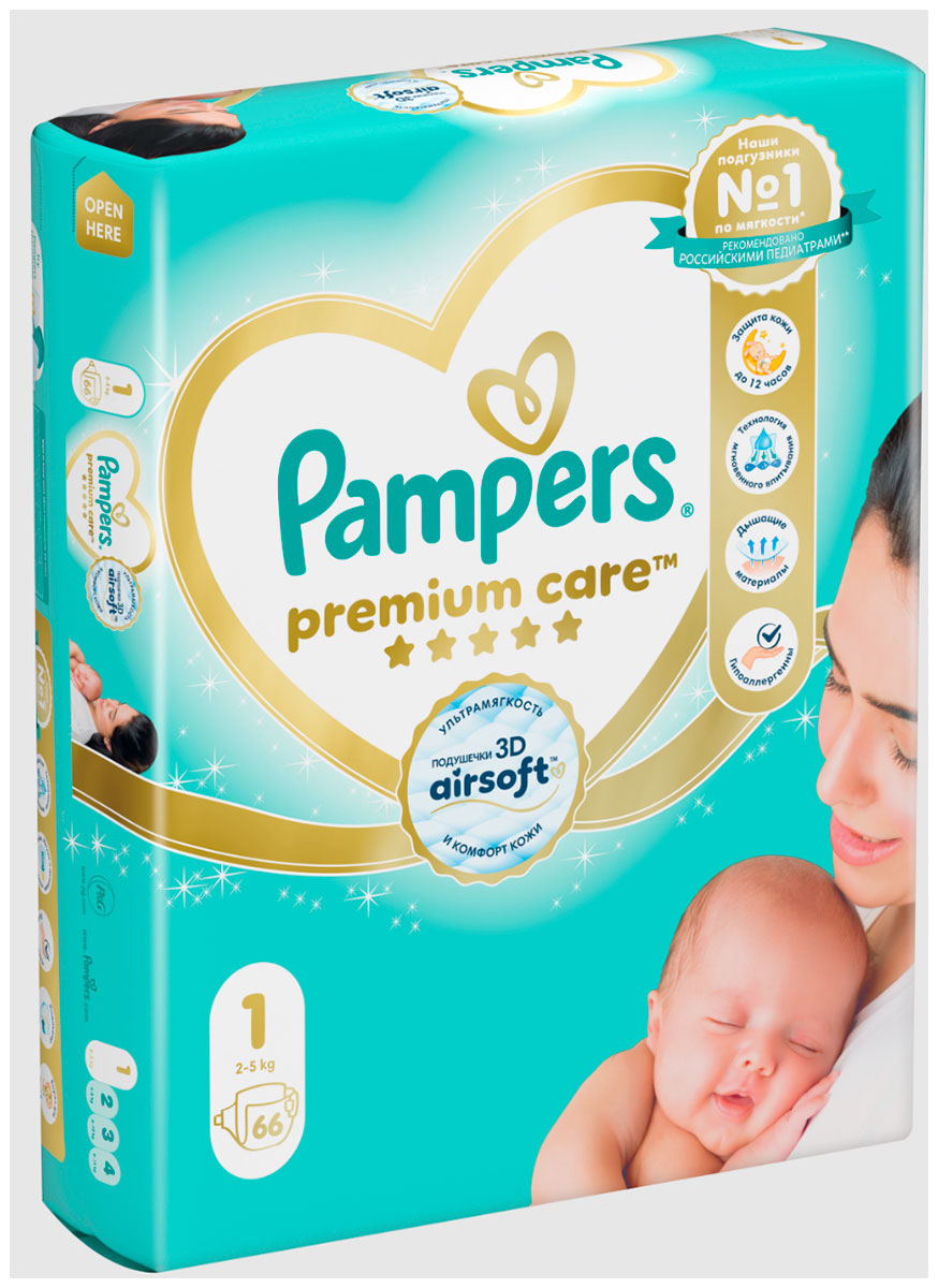 Изображение товара Подгузники Pampers Premium Care Newborn (2-5кг) экономичная упаковка 66 шт