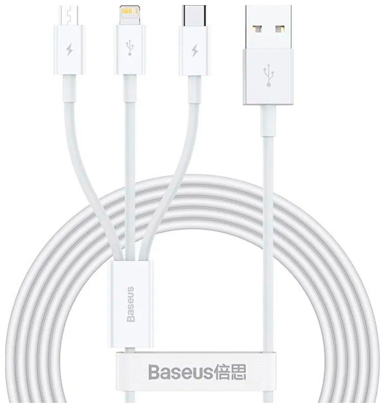 Дата-кабель Baseus 3в1 USB на M+L+C 3.5A 1.5м Superior белый CAMLTYS-02