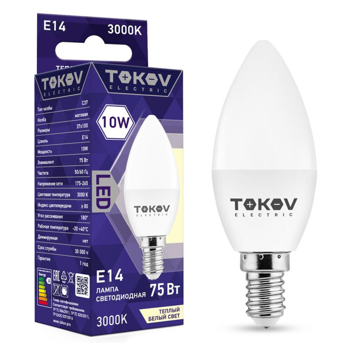 Изображение товара Светодиодная лампа Tokov Electric 10 Вт E14 3000K свеча