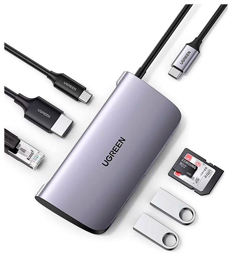 USB-концентратор 7 в 1 (хаб) Ugreen 2 x USB 3.0, HDMI, RJ45, SD/TF, PD (50852) зарядное устройство surface pro 65 вт адаптер питания для ноутбука microsoft surface pro x 3 4 5 6 7 7 8 9 5 4 3 2 1