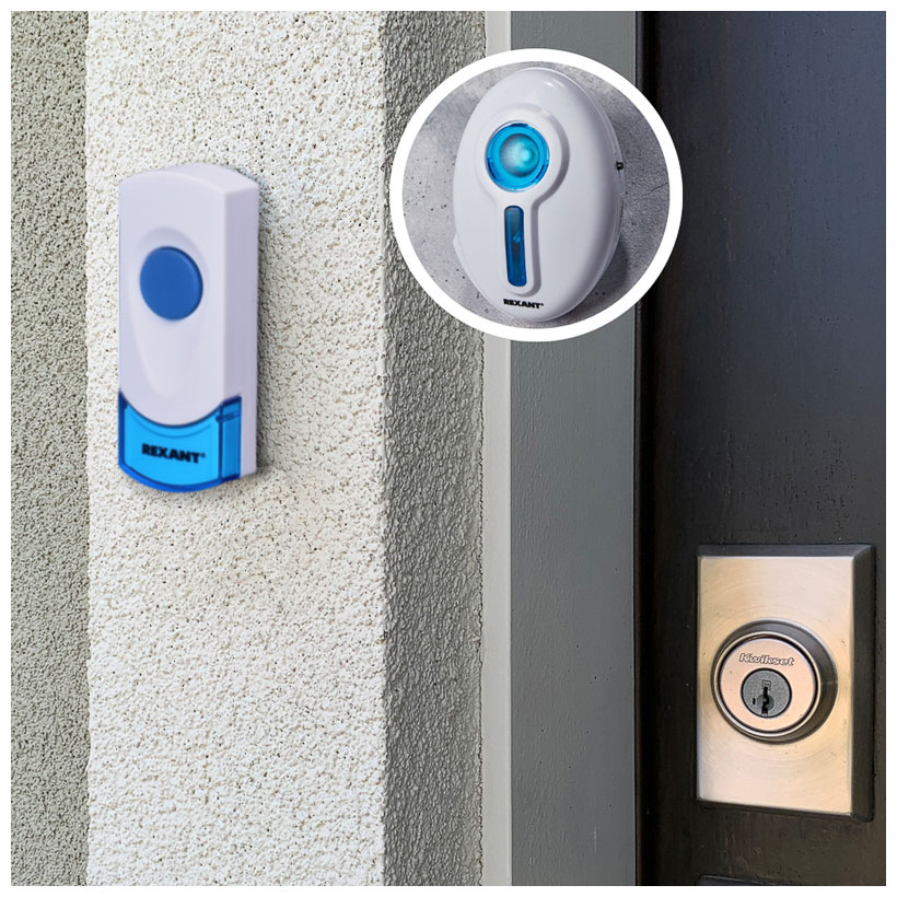 Изображение товара Беспроводной дверной звонок в розетку Rexant 32 мелодии, 100 м, кнопка, IP44, белый/синий (RX-6)