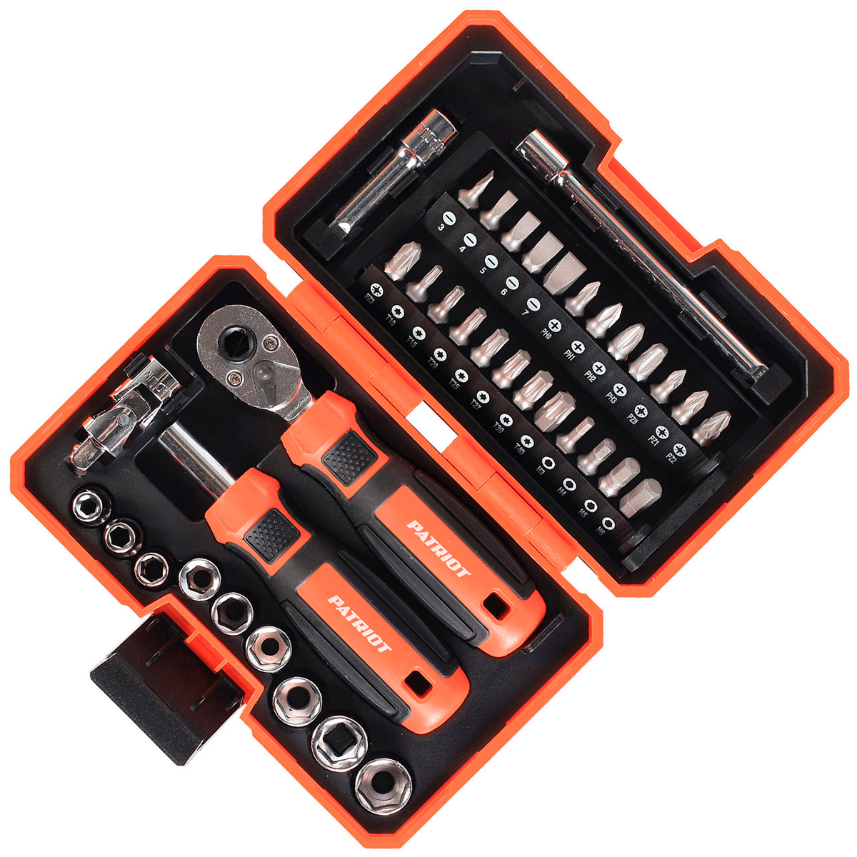 

Набор инструментов Patriot SPS-38 (трещотка с торцевыми головками, отвертка-битодержатель с битами, CR-V двухкомпонентные рукоятки, 38 предметов)