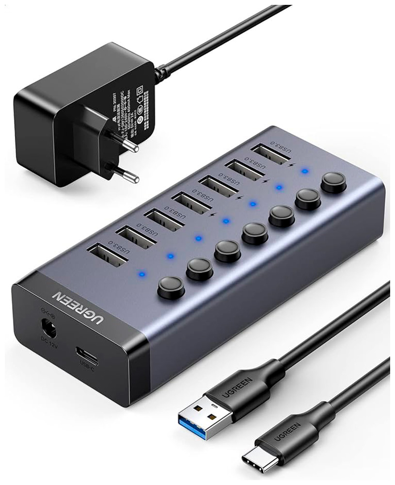 

Хаб Ugreen CM481 (90307) USB-C to 7-Port USB-A 3.0 Hub DC 12V EU, черный, Синий