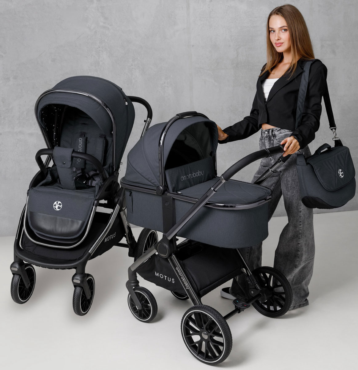 Изображение товара Коляска Amarobaby Motus 2в1 серый всесезонная с реверсивным блоком и амортизацией