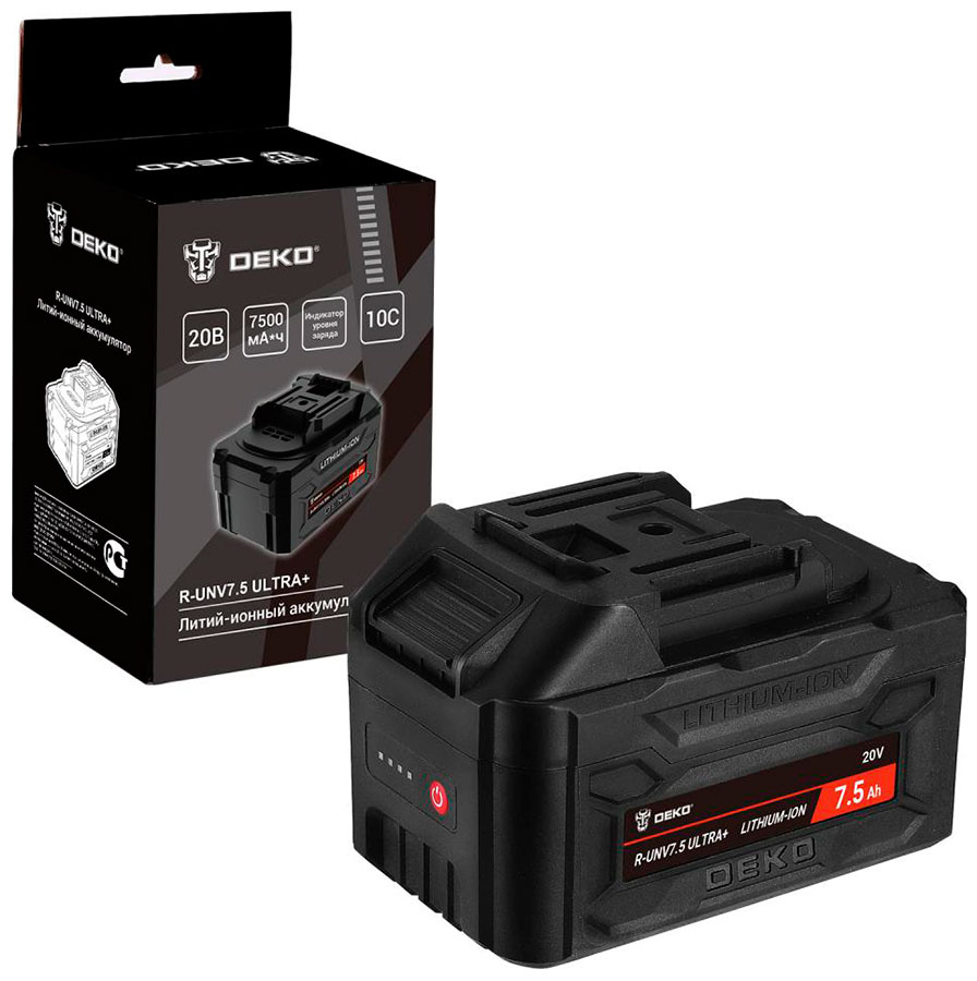Аккумулятор Deko R-UNV7.5 ULTRA+, Li-ion, 20В, 7.5А*ч, с повышенной токоотдачей, черный Аккумулятор Deko R-UNV7.5 ULTRA+, Li-ion, 20В, 7.5А*ч, с повышенной токоотдачей, черный