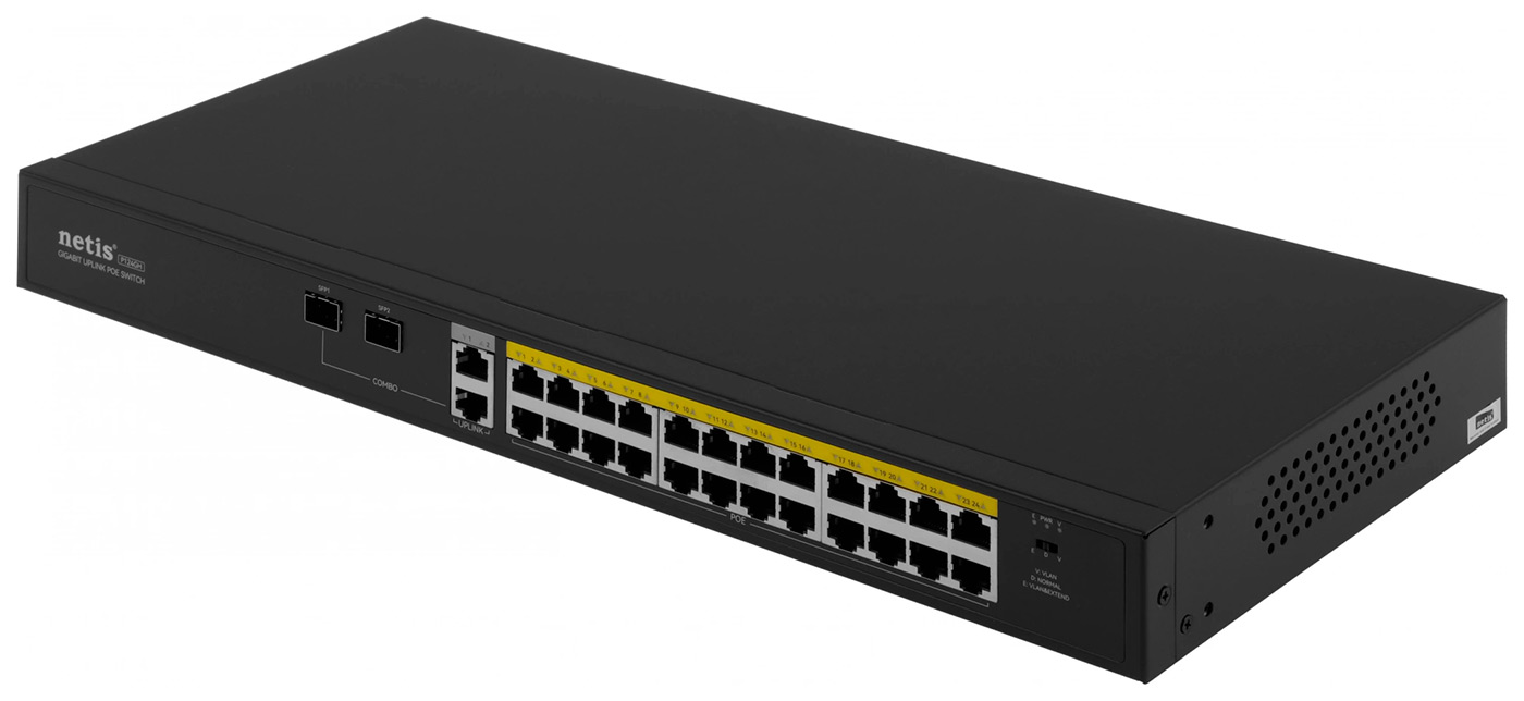 Изображение товара Коммутатор Netis P124GH (L2) 24PoE 2x1Gb SFP неуправляемый Ethernet