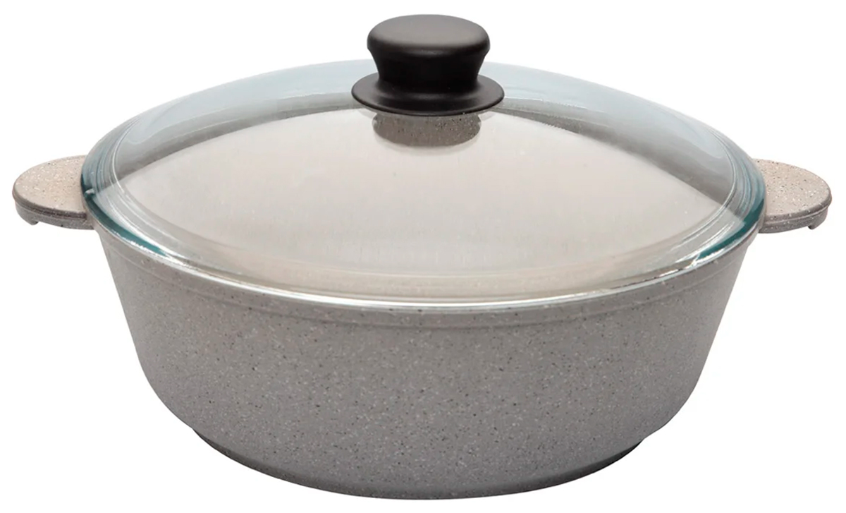 Изображение товара Жаровня Marusya 9332ж, антипригарная, литая, 5.5 л, 32 см, со стеклянной крышкой, серый