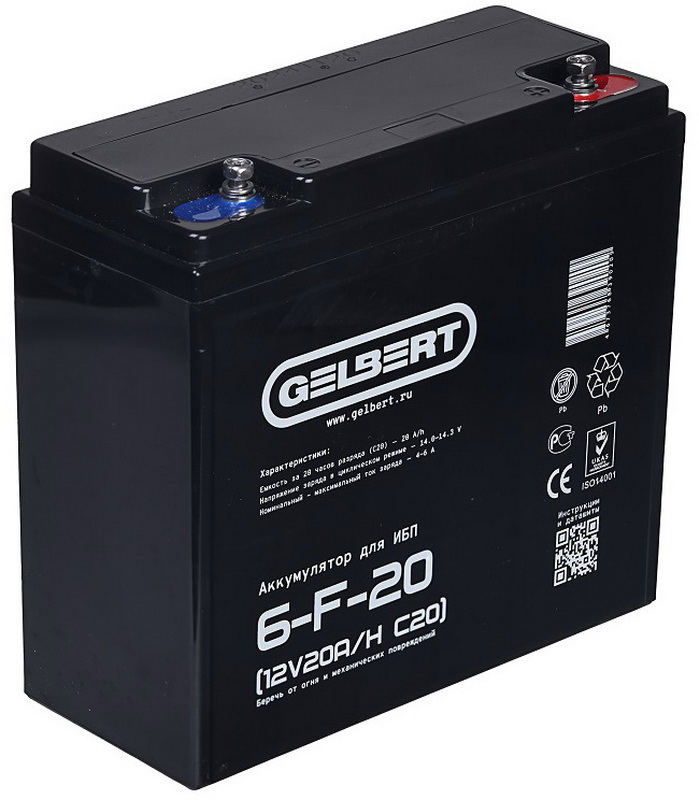 

Батарея для ИБП Gelbert 6-F-20 (12V20A/H C20), Черный