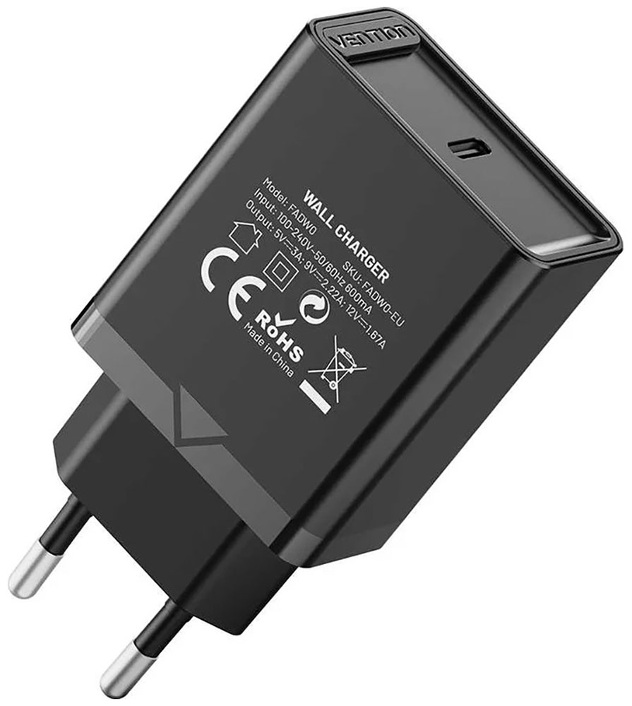 Изображение товара Сетевое зарядное устройство Vention на 1 порт USB C, QC 4.0, черный (FADB0-EU)