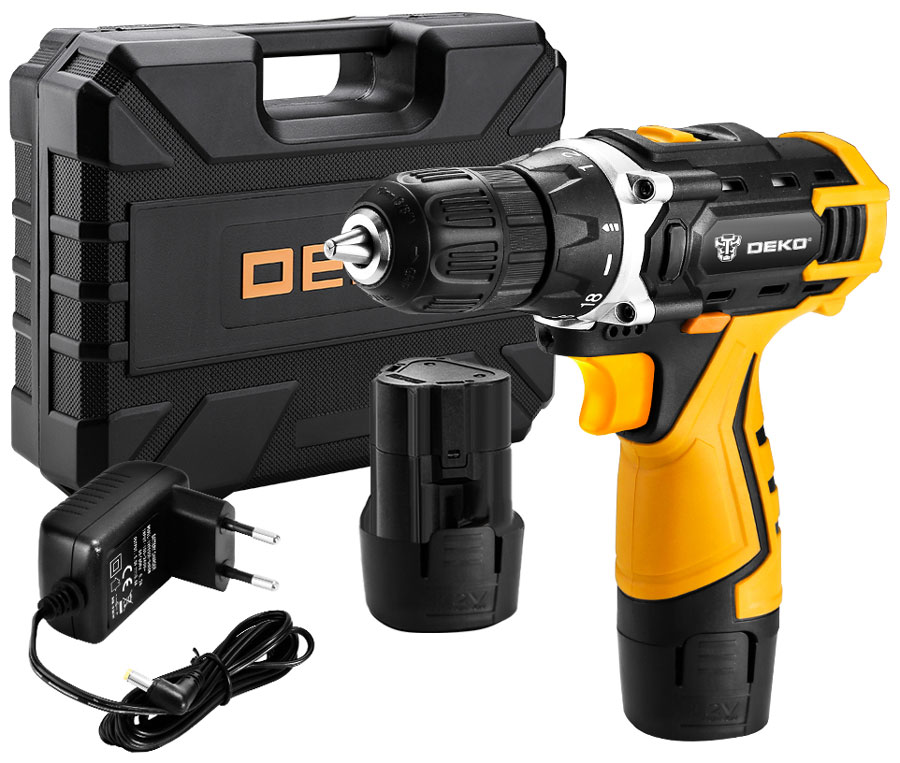 Аккумуляторная дрель  Deko 12В набор 63 инструмента в кейсе DKCD12FU-Li 2.0Ahx2 63 tools case черно-желтый
