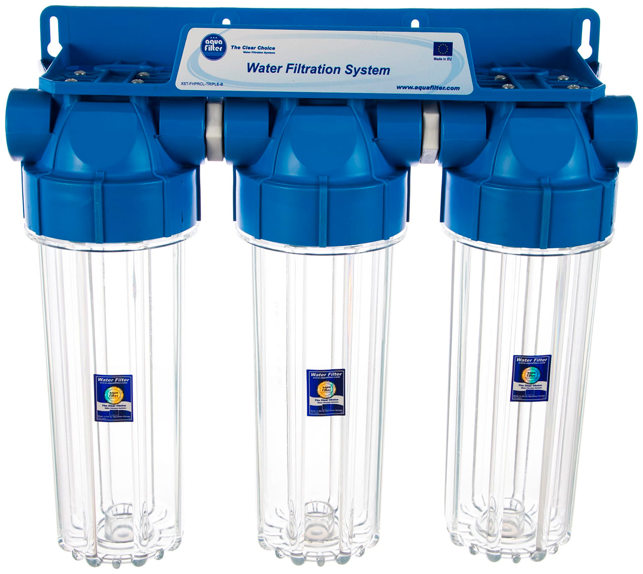 Сборка из трех прозрачных корпусов для холодной воды Aquafilter 10SL, 3/4'', FHPRCL34-B-TRIPLE, 467 magistralnyy filtr aquafilter fh20b1 b wb