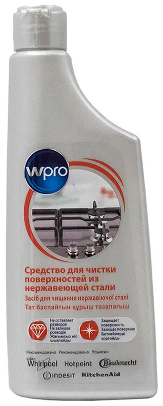 Средство для чистки Whirlpool WPRO поверхностей из нержавеющей стали (250 мл) фильтр для вытяжки whirlpool wpro ucf016