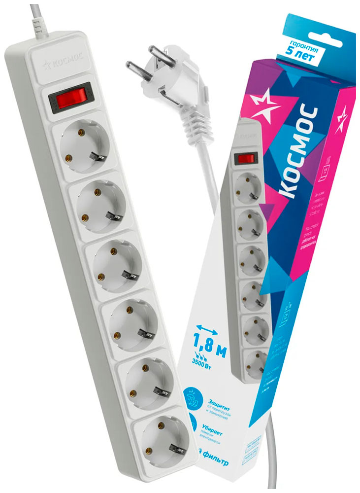 Изображение товара Сетевой фильтр Космос 1,8м 6 гнезд 16A белый