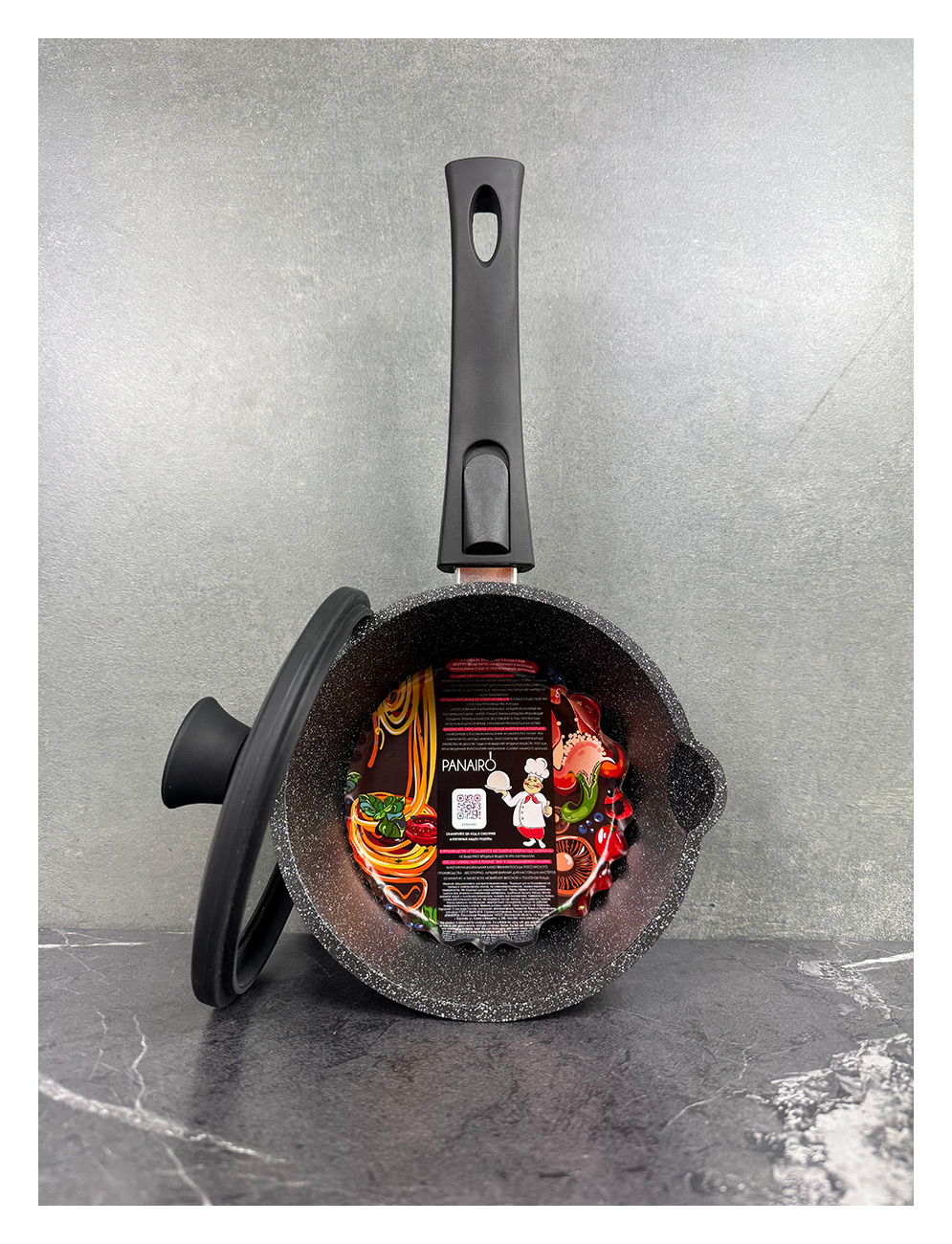 Изображение товара Ковш с крышкой и съемной ручкой Panairo Harfe Black 1.4 л для духовки и плиты