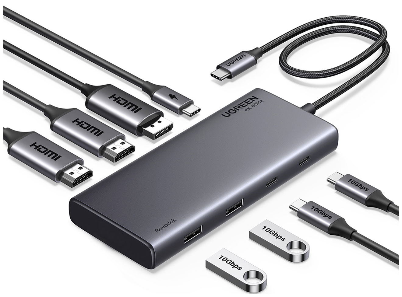 Изображение товара Ugreen CM639 8 в 1 USB C хаб 4K60 2xHDMI 2xUSB A 3.2 2xUSB C 3.2 PD 85W