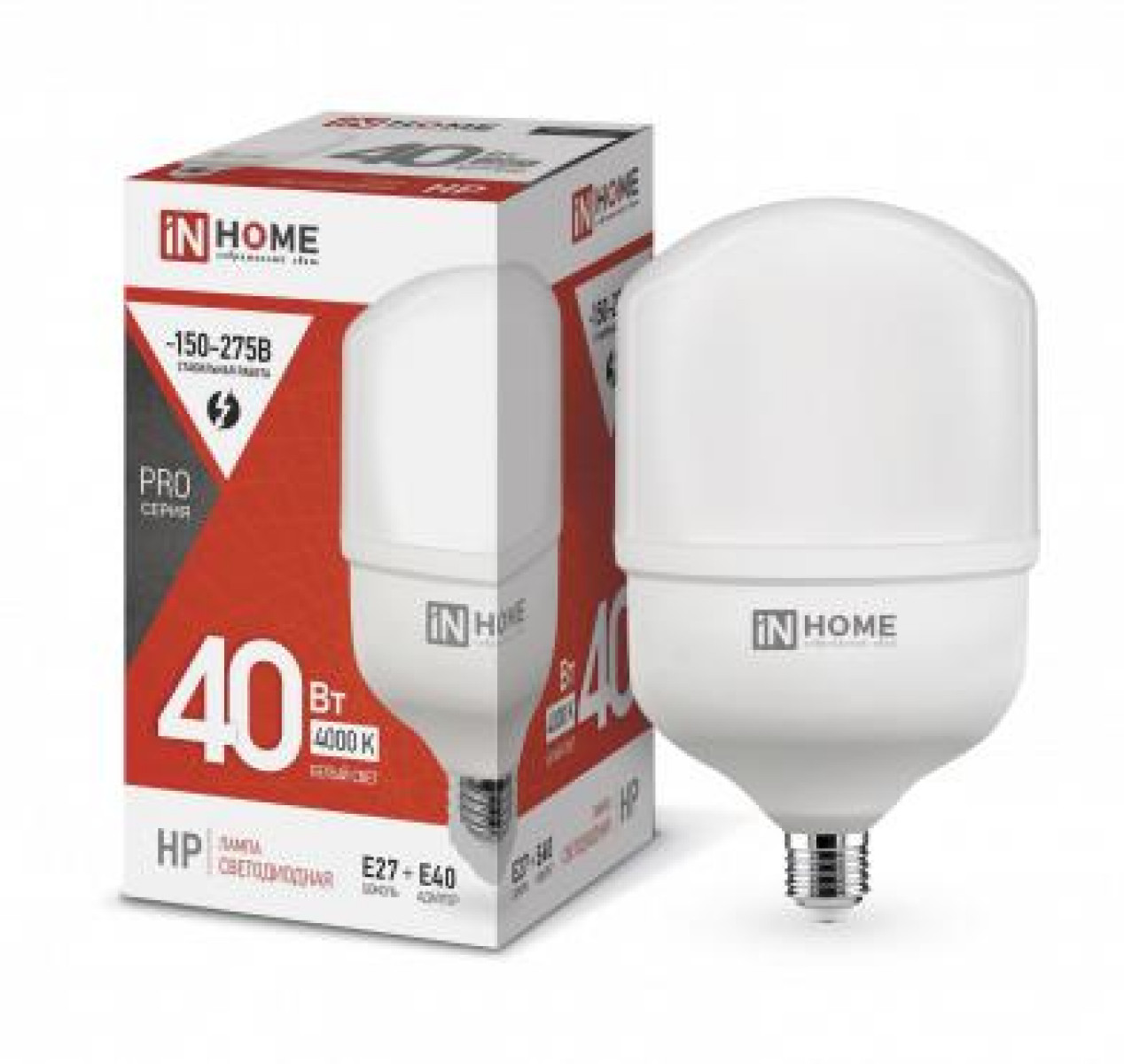 Изображение товара Лампочка In Home LED-HP-PRO, 40 Вт, 4000К, нейтр. бел., E27, 3800лм, 230 В, с адаптером E40