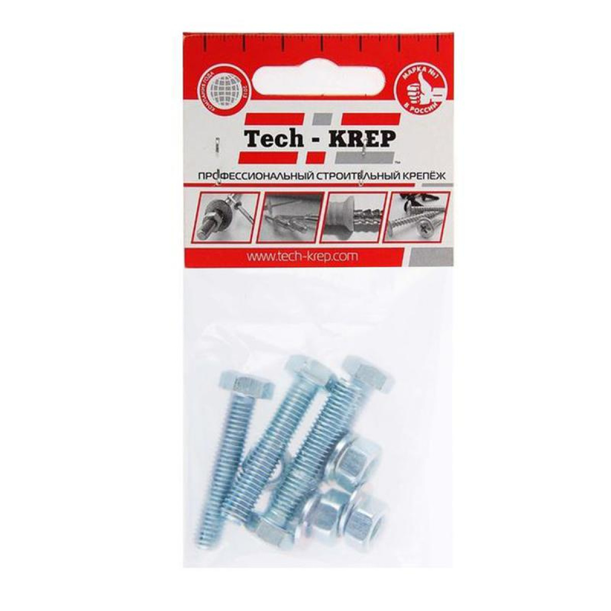 Изображение товара Изделия для электромонтажа Tech-KREP Болт с шестигранной головкой М8х30 DIN 933 класс прочн. 8.8 с гайкой и шайбой оцинк. пакет (уп.4шт)