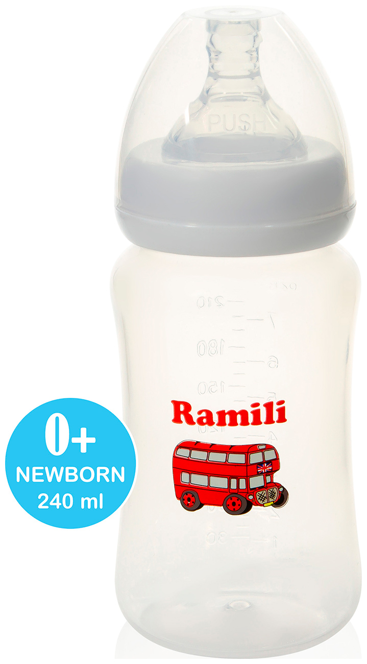 Противоколиковая бутылочка для кормления Ramili Baby 240ML, 0+, слабый поток фото