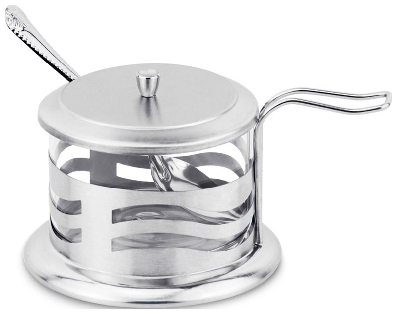 Изображение товара Сахарница Mallony DOLCE, стеклянная, 250 мл, с крышкой и ложечкой, корпус из нержавеющей стали (005489)