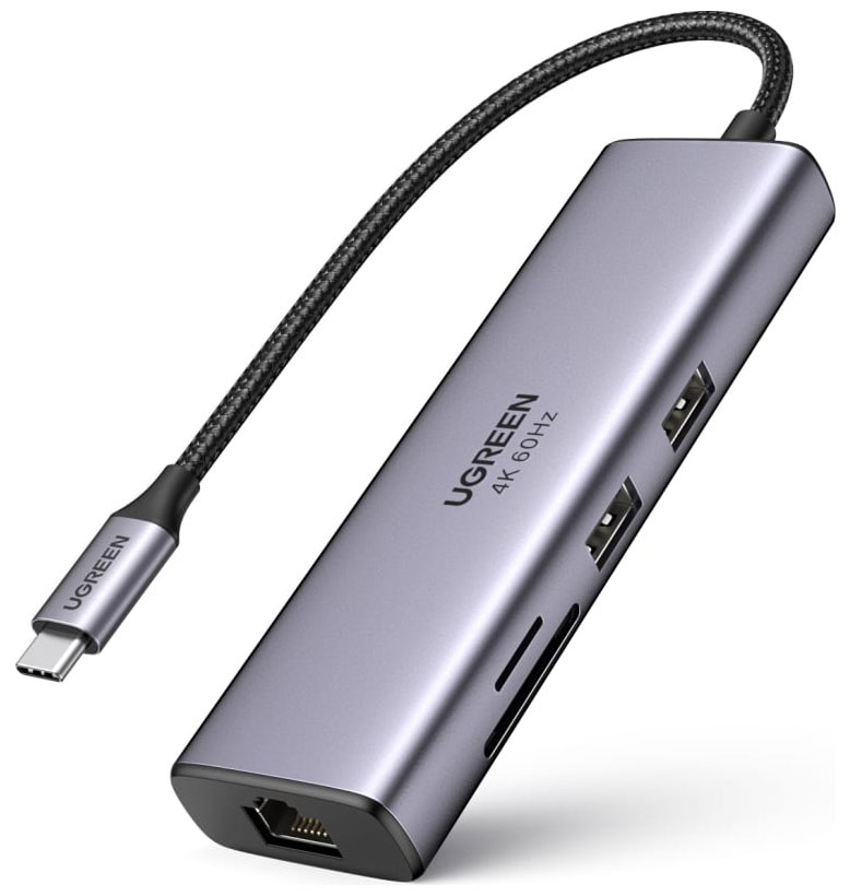 Изображение товара Разветвитель и хаб Ugreen USB-С - 2xUSB 3.0, HDMI, RJ45, SD/MicroSD, PD, 100W, серый космос (60515)