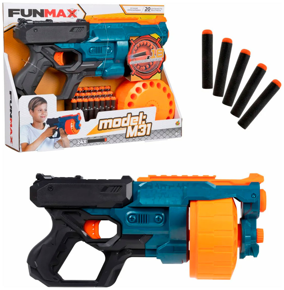 Бластер механический 1 Toy Funmax, M31, барабан на 18 выстрелов, в комплекте 24 EVA снаряда Т24244 Бластер механический 1 Toy Funmax, M31, барабан на 18 выстрелов, в комплекте 24 EVA снаряда Т24244