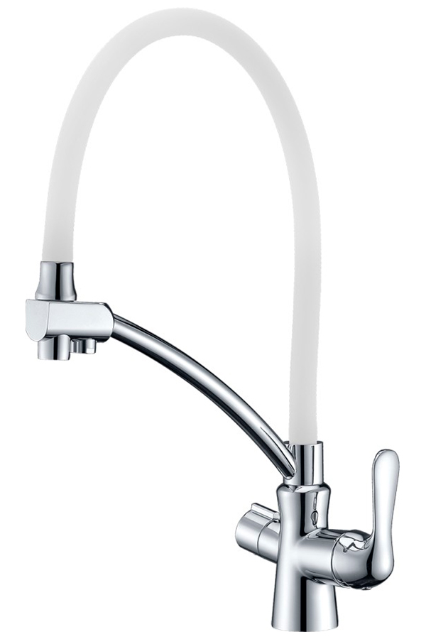 Изображение товара Кухонный смеситель Lemark с гибким изливом, подключение к фильтру питьевой воды, латунь/хром/белый (LM3070C-White)