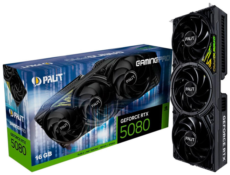 

Видеокарта Palit GeForce RTX 5080 GAMINGPRO 16Gb (NE75080019T2-GB2031A), Черный